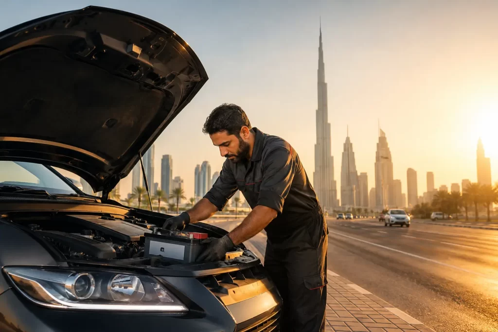 Mechanic replacing a car battery on a roadside in Dubai during hot UAE weather with city skyline in the background.