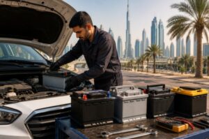 Automotive technician replacing a car battery on a vehicle with multiple battery options displayed in a professional UAE service environment.