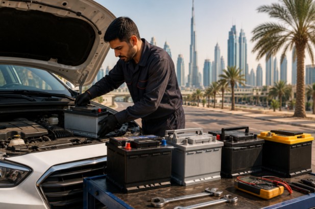 Automotive technician replacing a car battery on a vehicle with multiple battery options displayed in a professional UAE service environment.